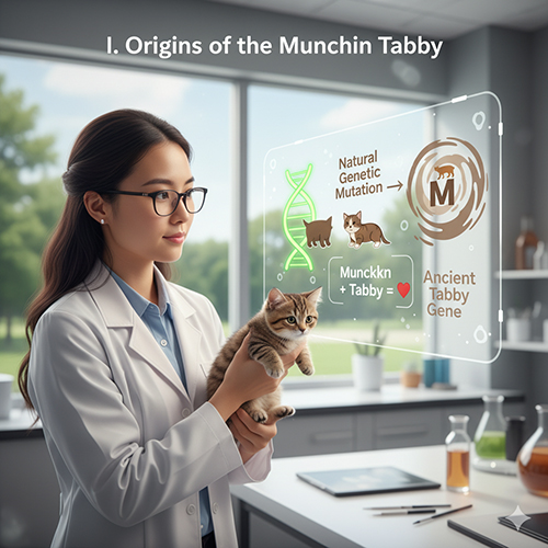 Bác sĩ di truyền học đang bế mèo Munchkin Tabby và trình bày sơ đồ gen nguồn gốc của giống mèo