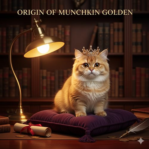 Mèo Munchkin Golden đội vương miện ngồi trên gối nhung dưới đèn bàn trong thư viện, minh họa nguồn gốc và lịch sử màu lông vàng óng.