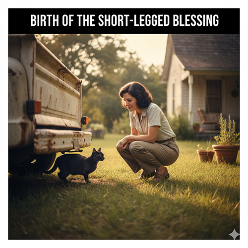 Người phụ nữ quỳ gối cạnh chiếc xe tải cũ đang âu yếm nhìn chú mèo Munchkin chân ngắn màu đen – hình ảnh gợi lại khoảnh khắc ra đời của giống mèo Munchkin tại Louisiana, Mỹ năm 1983.