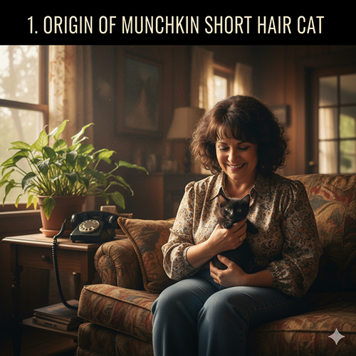 Người phụ nữ ôm một bé mèo Munchkin lông ngắn màu đen trong phòng khách ấm áp, minh họa phần 1: nguồn gốc mèo Munchkin lông ngắn.