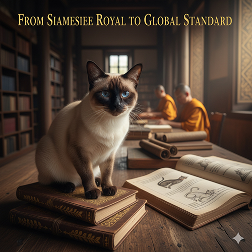 Mèo Xiêm ngồi trên bàn sách cổ với các nhà sư Thái Lan trong thư viện, biểu tượng cho nguồn gốc hoàng gia