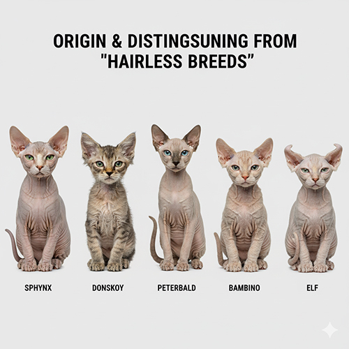 Nhóm mèo Không lông gồm Sphynx và các giống ít lông khác, ảnh minh họa cho phần nguồn gốc và cách phân biệt