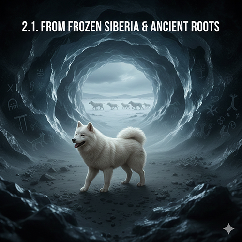 Samoyed trắng đứng trong hang băng với phong cảnh Siberia và dấu vết cổ xưa