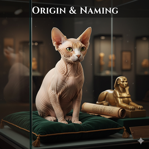 Mèo Sphynx ngồi trên đệm nhung trong tủ trưng bày bảo tàng cạnh tượng Nhân Sư nhỏ