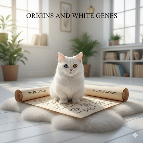 Mèo Munchkin trắng mắt hai màu ngồi trên bản vẽ di truyền, minh họa gen W (White) và gen M (Munchkin) trong không gian sáng ấm áp.