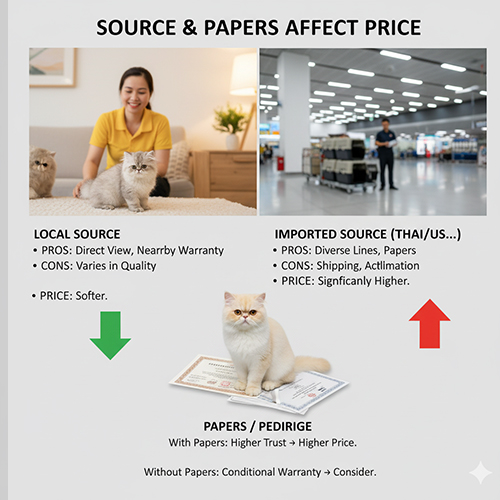 Nguồn giống và giấy tờ ảnh hưởng đến giá mèo Ba Tư – so sánh nguồn nội địa và nhập khẩu