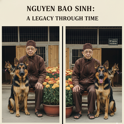 Ông Nguyễn Bảo Sinh ngồi cùng những chú chó Becgie Đức trưởng thành tại trại chó 167 Trương Định, Hà Nội