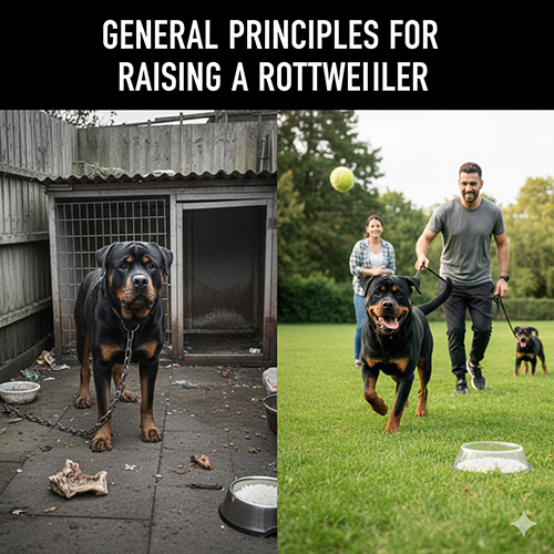 nguyên tắc chung khi nuôi chó rottweiler gồm ăn uống, vận động và tương tác hàng ngày