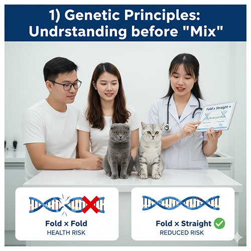 Bác sĩ thú y tư vấn cho cặp đôi về phối giống mèo Scottish Fold, minh họa nguyên tắc di truyền: Fold × Fold gây rủi ro sức khỏe, còn Fold × Straight giúp giảm rủi ro.