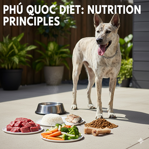Chó Phú Quốc đứng cạnh các nhóm thực phẩm gồm thịt, cơm, rau củ và hạt, minh họa tỷ lệ dinh dưỡng cân bằng.