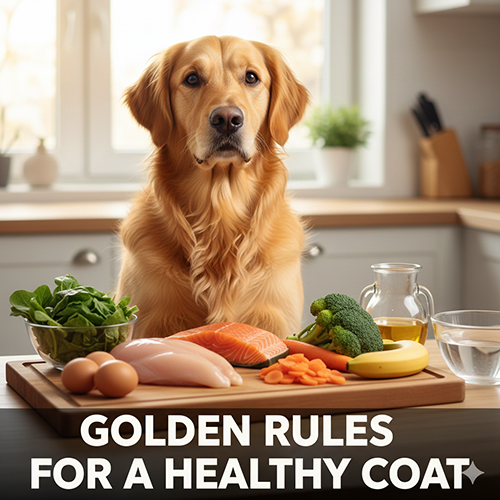 Chó Golden Retriever ngồi trước bàn thức ăn gồm thịt cá rau củ, minh hoạ nguyên tắc dinh dưỡng giúp khỏe mạnh và đẹp lông