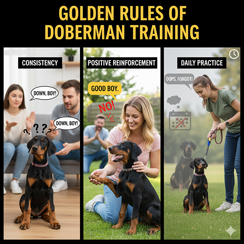 Nguyên tắc vàng khi huấn luyện chó Doberman gồm nhất quán tích cực và luyện tập hằng ngày