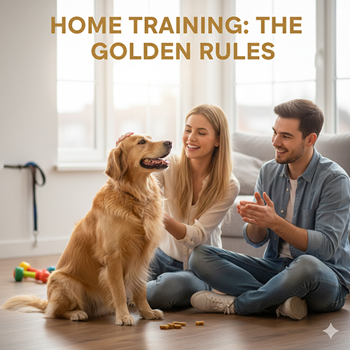 Cặp đôi trẻ mỉm cười huấn luyện chó Golden Retriever ngoan ngoãn bằng bánh thưởng trong phòng khách gọn gàng.
