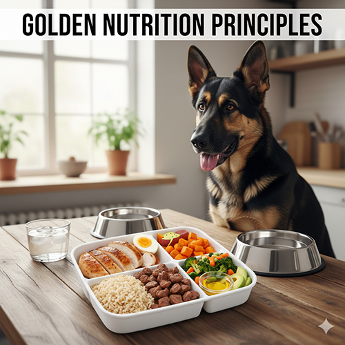 Chó Becgie Đức ăn khẩu phần cân đối gồm thịt, tinh bột và rau củ theo nguyên tắc dinh dưỡng vàng