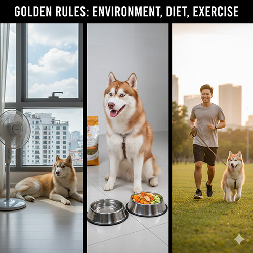 Ba nguyên tắc vàng khi nuôi chó Husky: môi trường mát, ăn uống hợp lý và vận động mỗi ngày.