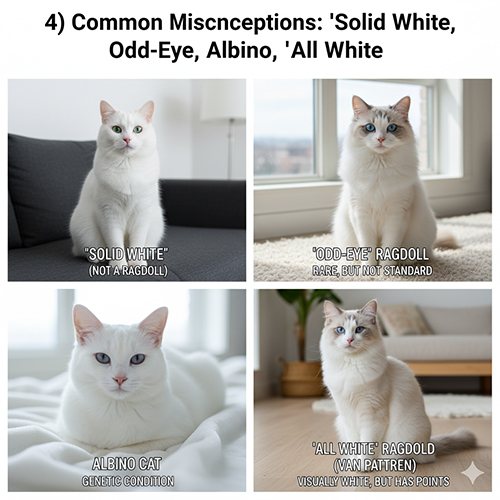 Bốn hình minh họa các trường hợp dễ gây nhầm lẫn: mèo solid white không phải Ragdoll, mèo mắt hai màu, mèo albino và Ragdoll van nhìn giống “trắng toàn thân”.
