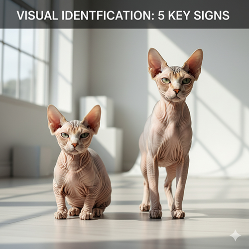 Hai mèo không lông đứng trong ánh sáng cửa sổ, minh họa cho 5 dấu hiệu nhận diện bằng mắt thường để phân biệt Sphynx chân ngắn với Sphynx thuần