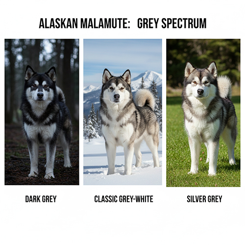 Các tone lông chó Alaska xám gồm xám đậm, xám trắng cổ điển và xám bạc chuẩn Malamute
