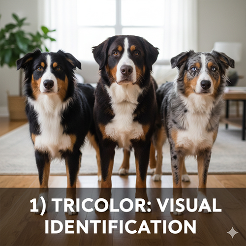 Ba chú chó tricolor đứng cạnh nhau với ba màu đen vàng trắng phân bố rõ ràng