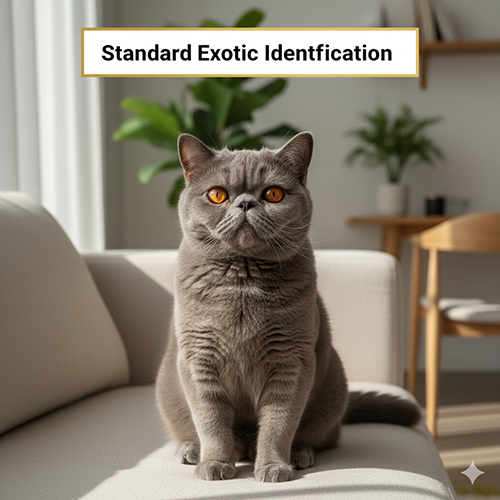 Mèo Ba Tư lông ngắn Exotic Shorthair màu xám ngồi trên sofa, minh họa phần nhận diện chuẩn về form, đầu mặt và bộ lông plush.