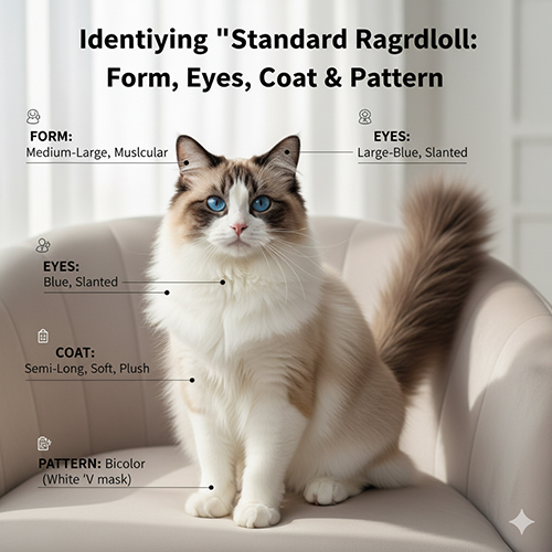 Mèo Ragdoll ngồi trên ghế, chú thích rõ form cơ thể, mắt xanh hơi xếch, lông bán dài mềm và pattern bicolor.
