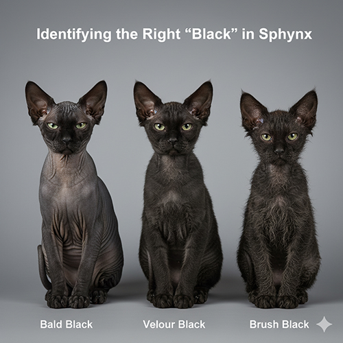 Ba mèo Sphynx màu đen đứng cạnh nhau, lần lượt là bald black, velour black và brush black để so sánh kết cấu bề mặt