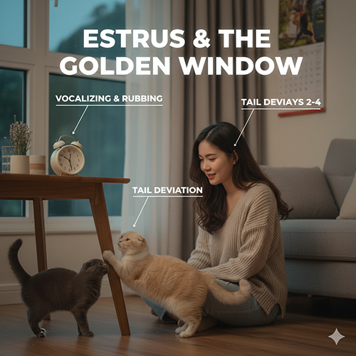 Cô gái ngồi cạnh hai chú mèo trong nhà, quan sát hành vi mèo cái cọ người và lệch đuôi – minh họa dấu hiệu động dục và thời điểm phối giống lý tưởng