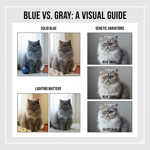 Bảng so sánh mèo Ba Tư màu blue và gray với ví dụ solid, smoke, tabby và silver, kèm ảnh minh họa dưới nhiều điều kiện ánh sáng