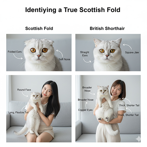 So sánh Scottish Fold và British Shorthair qua tai, mặt, đuôi; hai cô gái bế mèo Silver thể hiện sự khác biệt form giữa hai giống