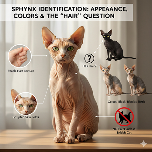 Mèo Không lông Sphynx với lớp lông peach-fuzz, nếp da rõ, nhiều màu sắc và chú thích câu hỏi “có lông không?”, minh họa phần nhận diện giống