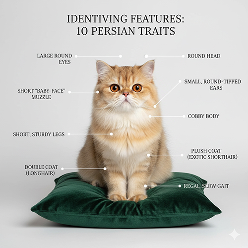 Mèo Ba Tư ngồi trên đệm xanh với các ghi chú chỉ rõ 10 đặc điểm ngoại hình đặc trưng của giống Persian