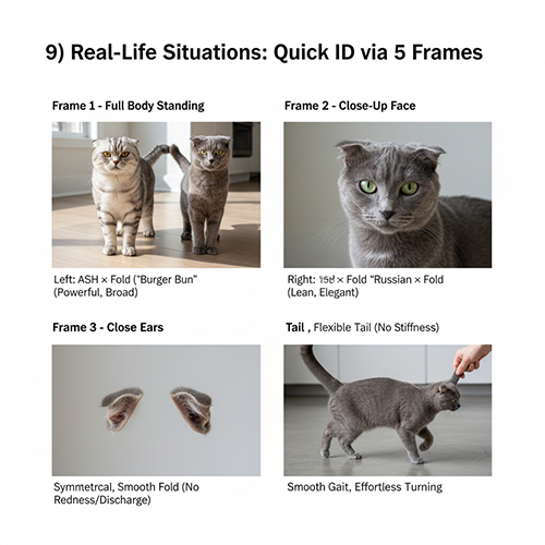 Bộ ảnh minh họa năm góc nhìn thực tế để nhận diện mèo Scottish Fold lai American Shorthair và Russian Blue qua dáng đứng, khuôn mặt, tai, đuôi và dáng đi