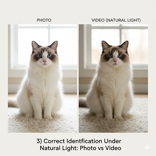 Mèo Ragdoll dưới ánh sáng tự nhiên, so sánh ảnh và video để minh họa sự khác biệt khi nhận diện pattern và tỷ lệ trắng.