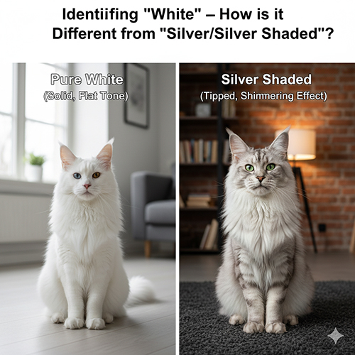 So sánh mèo Maine Coon trắng thuần và silver shaded để nhận diện sự khác biệt về màu lông