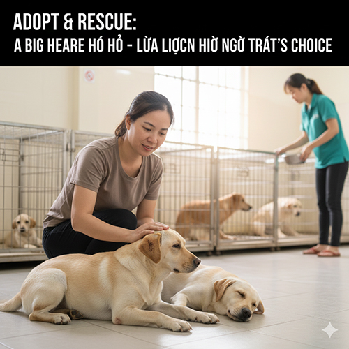 Người phụ nữ vuốt ve hai chú chó Labrador trưởng thành tại khu cứu hộ, phía sau là các bé đang chờ được nhận nuôi