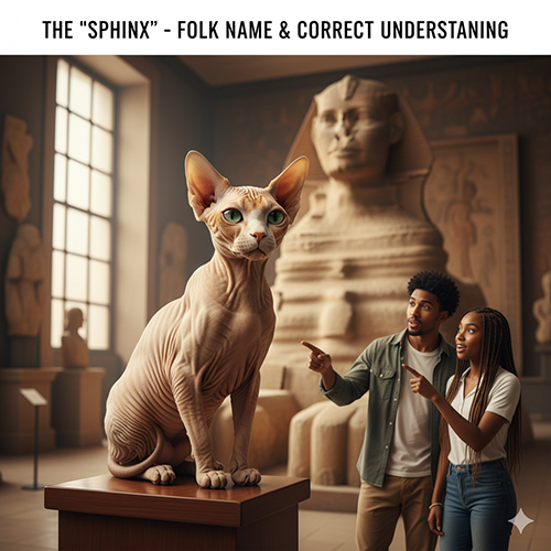 Mèo Không lông Sphynx trong bảo tàng cạnh tượng Nhân Sư, minh họa phần tên gọi dân gian “mèo nhân sư”