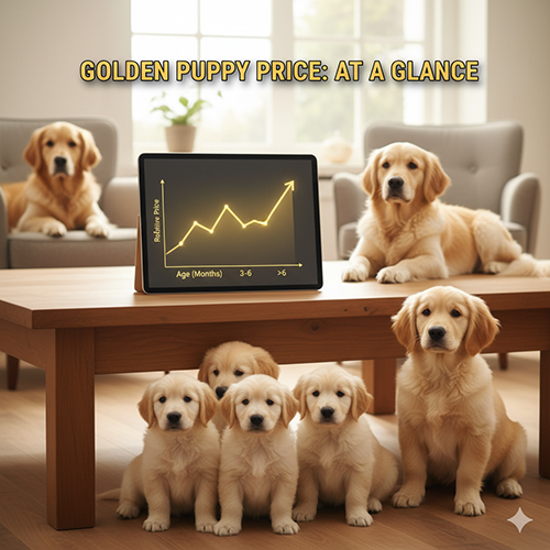 Ảnh đàn chó Golden con ngồi quanh chiếc tablet hiển thị biểu đồ giá theo độ tuổi, minh họa tổng quan giá chó Golden con và Golden nhỏ