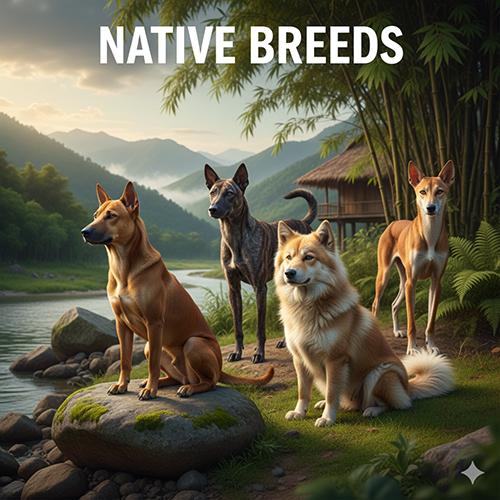 Bốn giống chó bản địa Việt Nam đứng bên bờ suối, phong cảnh núi rừng và nhà sàn truyền thống phía sau