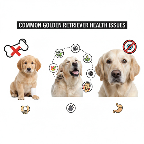 Minh họa các nhóm bệnh thường gặp ở chó Golden Retriever như xương khớp, da lông tai, mắt và tiêu hóa