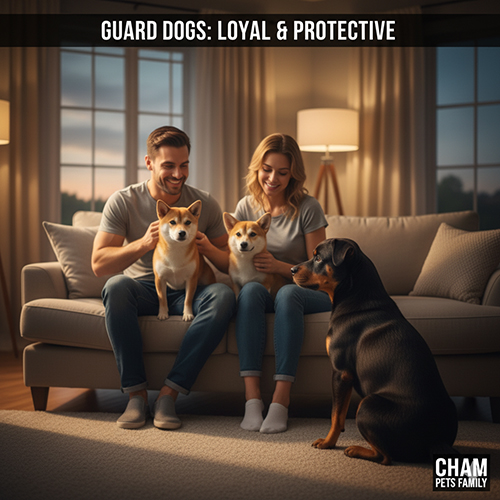 Cặp đôi trẻ ngồi trên ghế sofa cùng hai chú Corgi và một chú Rottweiler trong phòng khách buổi tối