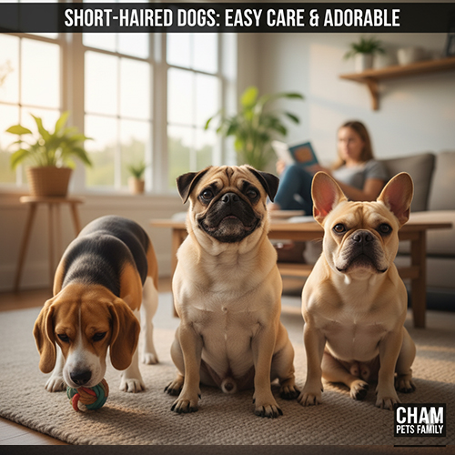 Ba chú chó cảnh lông ngắn gồm Beagle, Pug và Bull Pháp trong phòng khách sáng sủa