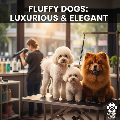 Các giống chó lông xù như Poodle, Bichon và Chow Chow trong tiệm grooming sang trọng