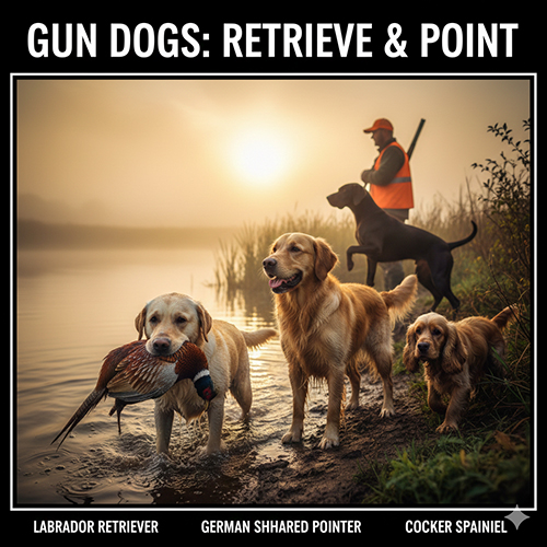 Ảnh nhóm chó săn chim gồm Labrador Retriever, Golden Retriever, German Shorthaired Pointer và Cocker Spaniel đang làm việc bên hồ