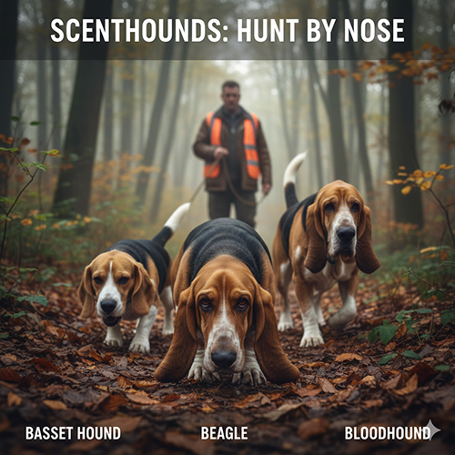 Ảnh nhóm chó săn đánh hơi gồm Basset Hound, Beagle và Bloodhound đang lần dấu vết trong rừng