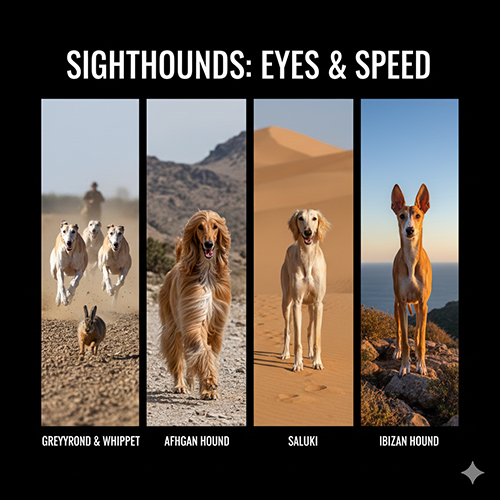 Ảnh nhóm chó săn đuổi gồm Greyhound, Whippet, Afghan Hound, Saluki và Ibizan Hound đại diện cho tốc độ và săn bằng mắt
