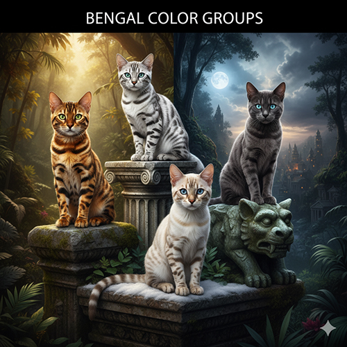 Mèo Bengal các màu nâu, bạc, tuyết và xám trên nền rừng huyền ảo – thể hiện nhóm màu chính của giống Bengal.
