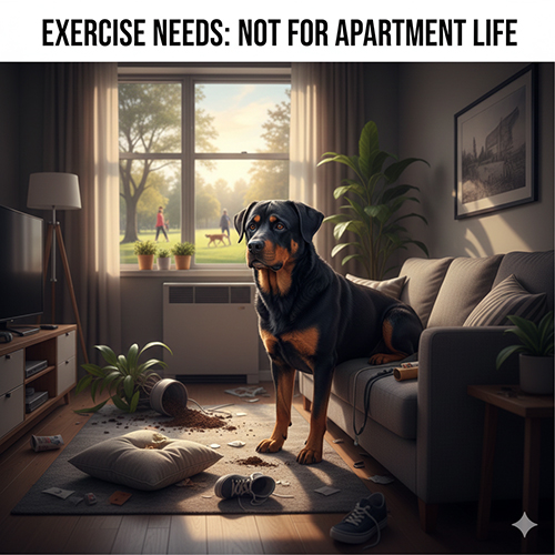 Chó Rottweiler lai Becgie đứng trong phòng khách bị bày bừa, thể hiện rõ dấu hiệu dư năng lượng khi bị nhốt lâu.