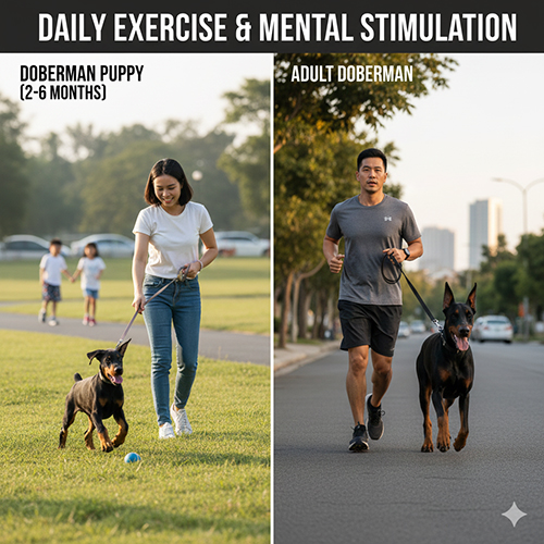 Doberman con chơi ngoài công viên và Doberman trưởng thành chạy bộ cùng chủ, minh họa vận động và kích thích tinh thần mỗi ngày