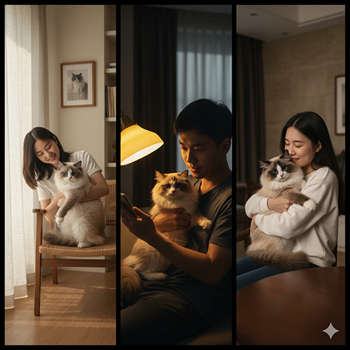 Ba khoảnh khắc người nuôi ôm mèo Ragdoll bicolor trong các không gian và ánh sáng khác nhau, gợi câu chuyện về “mặt tim” và cảm xúc