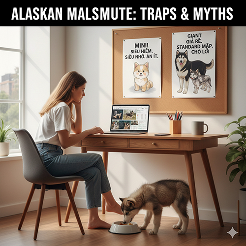 Người mua tìm hiểu chó Alaska trên máy tính, minh họa các chiêu trò và hiểu lầm thường gặp khi phân biệt dòng chó Alaska